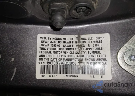 2016 Honda Civic Ex z USA, uszkodzony, nr VIN 19XFC2F77GE232856